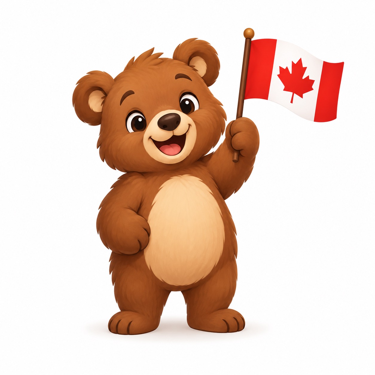 Bucky, un ours brun souriant tenant le drapeau canadien